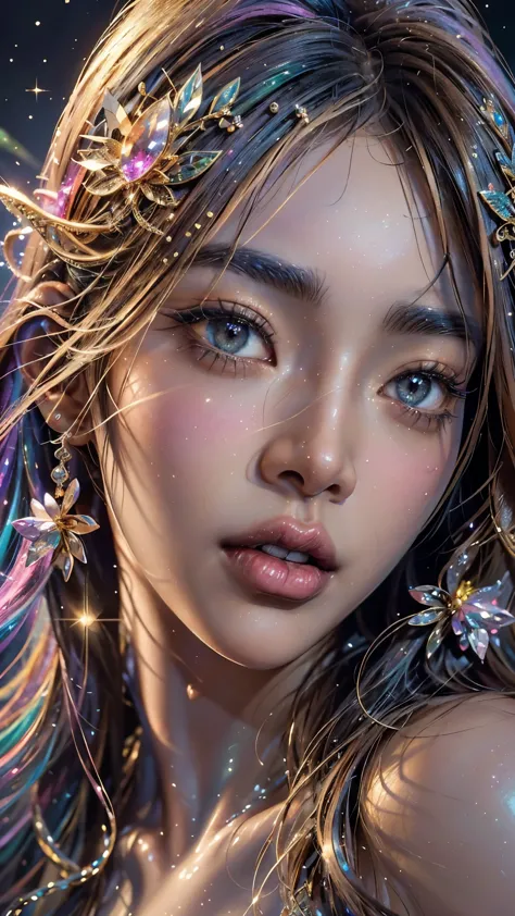 This is a highly detailed and semi-realistic fantasy art image with beautiful layers of shimmer, glimmering silks, and a glitter...