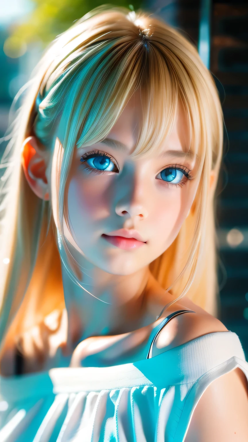 1 Girl, 17 years old, Solo, Super long blonde hair, Huge , Looking at the Viewer, Natural platinum blonde hair, bangs over eyes、Bare shoulders, jewelry, Full Body, (Highly detailed 8K wallpapers), Soft lighting, High quality, Film Grain, Fujifilm XT3 Sharp Focus, F 5.6, High detail,  Sharp Focus,(Natural light), (Close-up:1.2), (Fascinating breasts), Off-the-shoulder T-shirt, Realism, sexy、Beautiful bright ice white blue eyes.Small Face Beauty、Round face