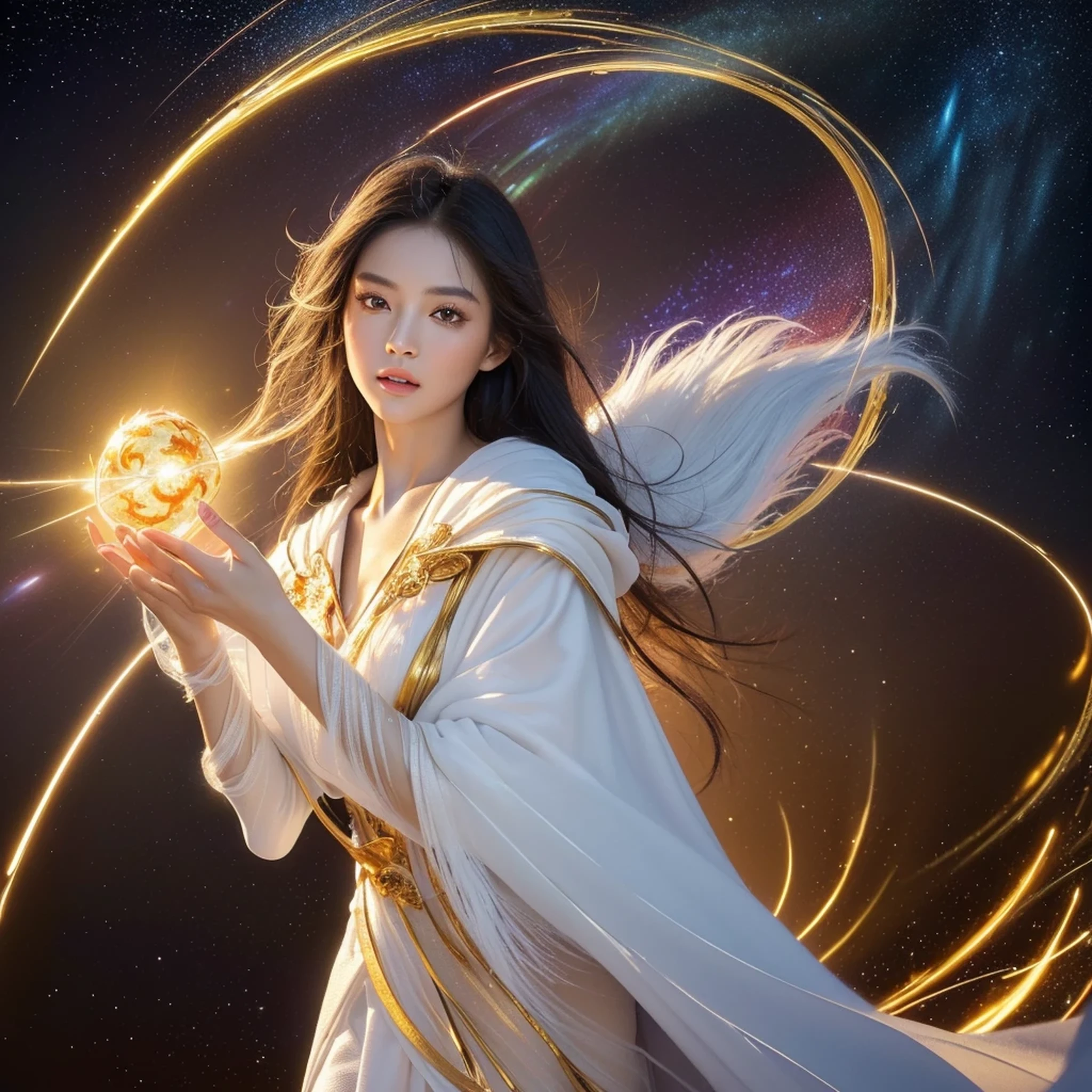 (masterpiece, top quality, best quality, official art, beautiful and aesthetic:1.2), (1girl), extreme detailed eyes, (fractal art:1.3), colorful, highest detailed, (perfect face), shiny skin, HDR, (white cloak golden lines:1.2), galaxy, (light streaks), striking visuals, (dynamic streaks, luminous trails:1.2), vibrant colors, (phoenix), (dragon)