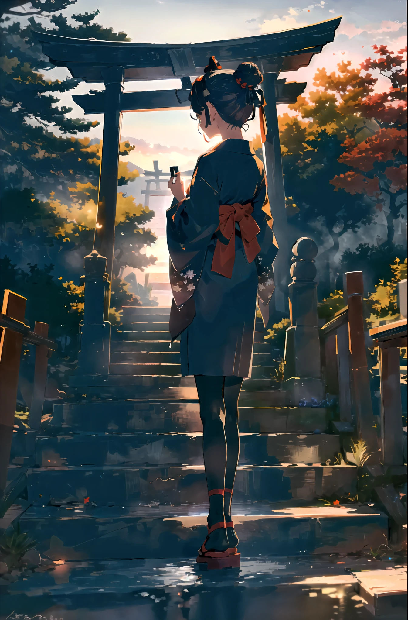 ((masterpiece,best quality)),2 girls, black kimono, Black tights, black ribbon, Black Hair, 樱flower, sky, flower, Hair Bun, hair ribbon, Japanese clothes, kimono, Long hair, Looking at the audience, look back, Multiple girls, Heart, outdoor, Red Eyes, Red hair, ribbon, sandals, single Hair Bun, stairs, permanent, statue, Torii, Tree, white kimono, Yellow eyes