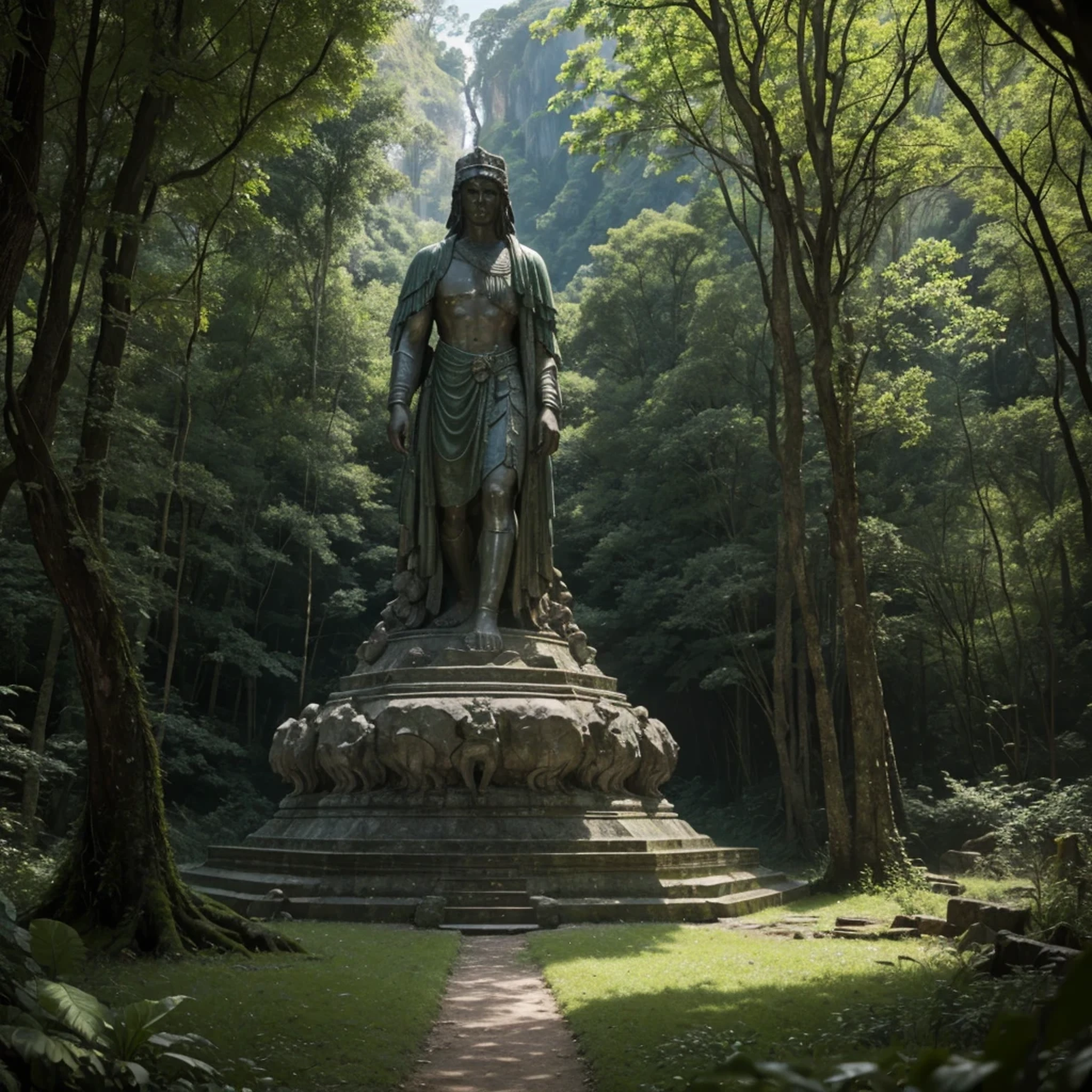 há uma estátua de pedra no meio de uma floresta, virtual irreal, filme promocional ainda, por Simon de Vlieger, Ruínas, por Victor Manuel García Valdés, proporção de aspecto 16:9, gráficos do ps3, quetzal, cinema ainda, filme ainda, inspirado em James Cadenhead