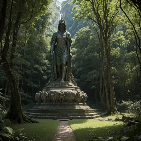 there is a stone statue in the middle of a forest, unreal maya, promotional movie still, by Simon de Vlieger, ruins, by Víctor M...