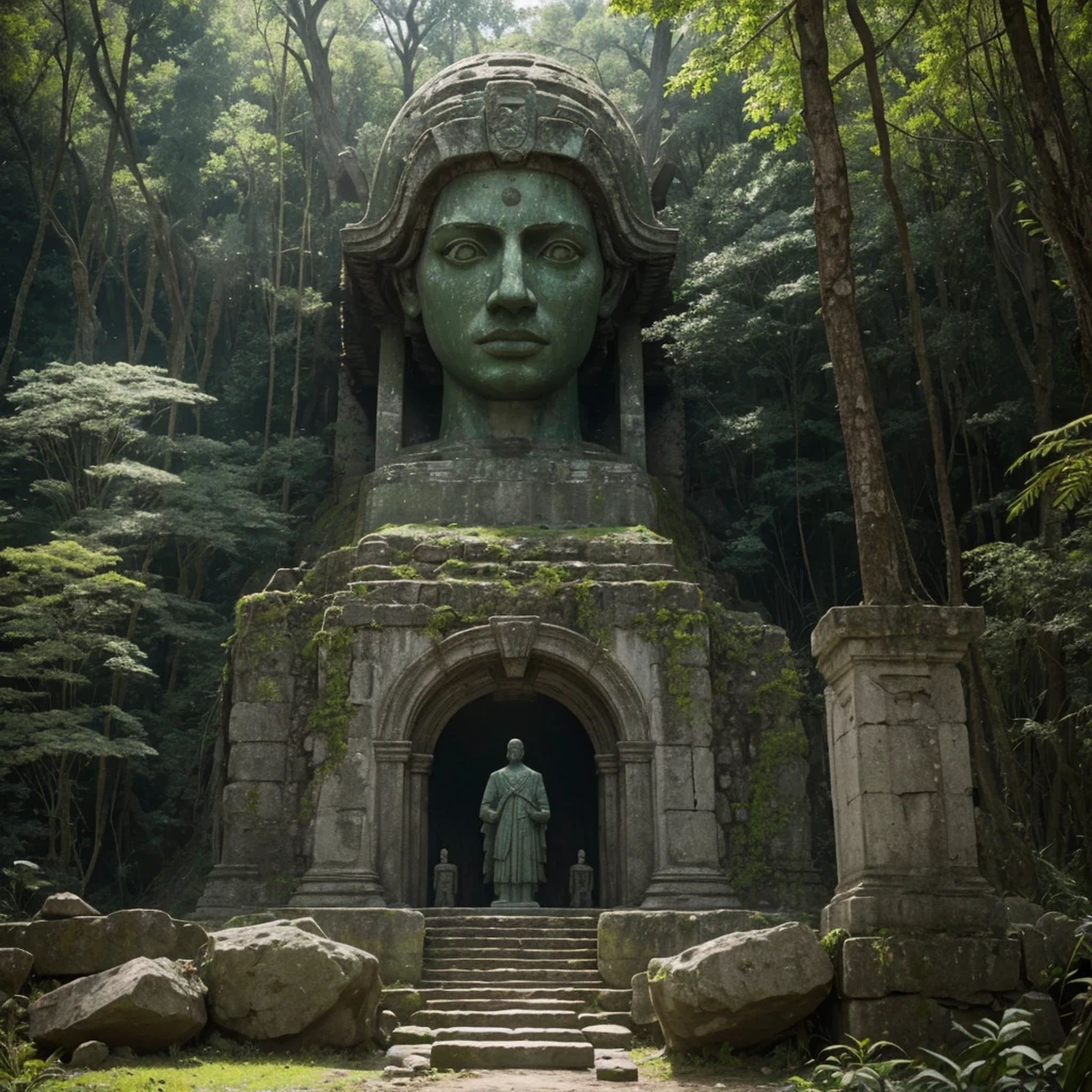 há uma estátua de pedra no meio de uma floresta, virtual irreal, filme promocional ainda, por Simon de Vlieger, Ruínas, por Victor Manuel García Valdés, proporção de aspecto 16:9, gráficos do ps3, quetzal, cinema ainda, filme ainda, inspirado em James Cadenhead