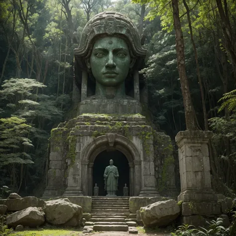 there is a stone statue in the middle of a forest, unreal maya, promotional movie still, by Simon de Vlieger, ruins, by Víctor M...