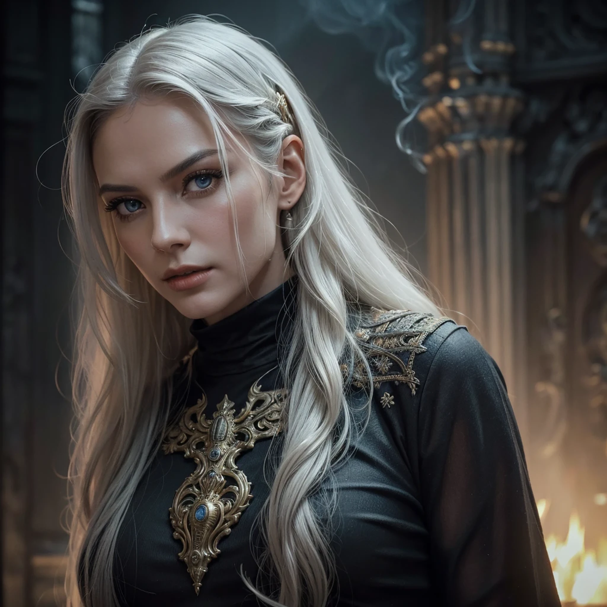 portrait, beautiful woman, white hair, ornate dress, (long hair in waves like smoke):0.85 , confident expression, detailed, 16k, sf, intricate artwork masterpiece, ominous, matte painting movie poster, golden ratio, trending on cgsociety, intricate, epic, trending on artstation, by artgerm, h. r. giger and beksinski, highly detailed, vibrant, production cinematic character render, ultra high quality model:1