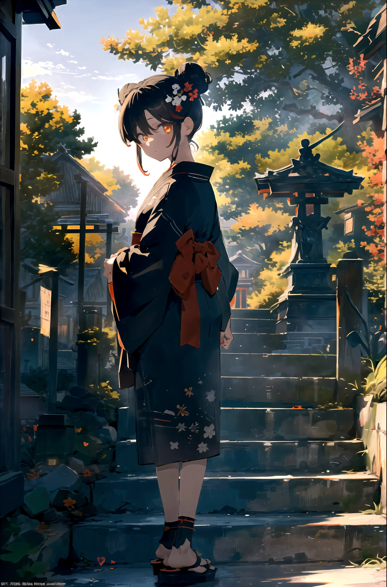 ((masterpiece,best quality)),2 girls, black kimono, Black tights, black ribbon, Black Hair, 樱flower, sky, flower, Hair Bun, hair ribbon, Japanese clothes, kimono, Long hair, Looking at the audience, look back, Multiple girls, Heart, outdoor, Red Eyes, Red hair, ribbon, sandals, single Hair Bun, stairs, permanent, statue, Torii, Tree, white kimono, Yellow eyes