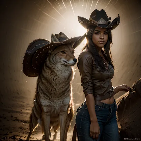 (coyote con sombrero de vaquero), [de espaldas], cabeza de coyote,antro, obra maestra, cinematic light, atmospheric lighting, su...