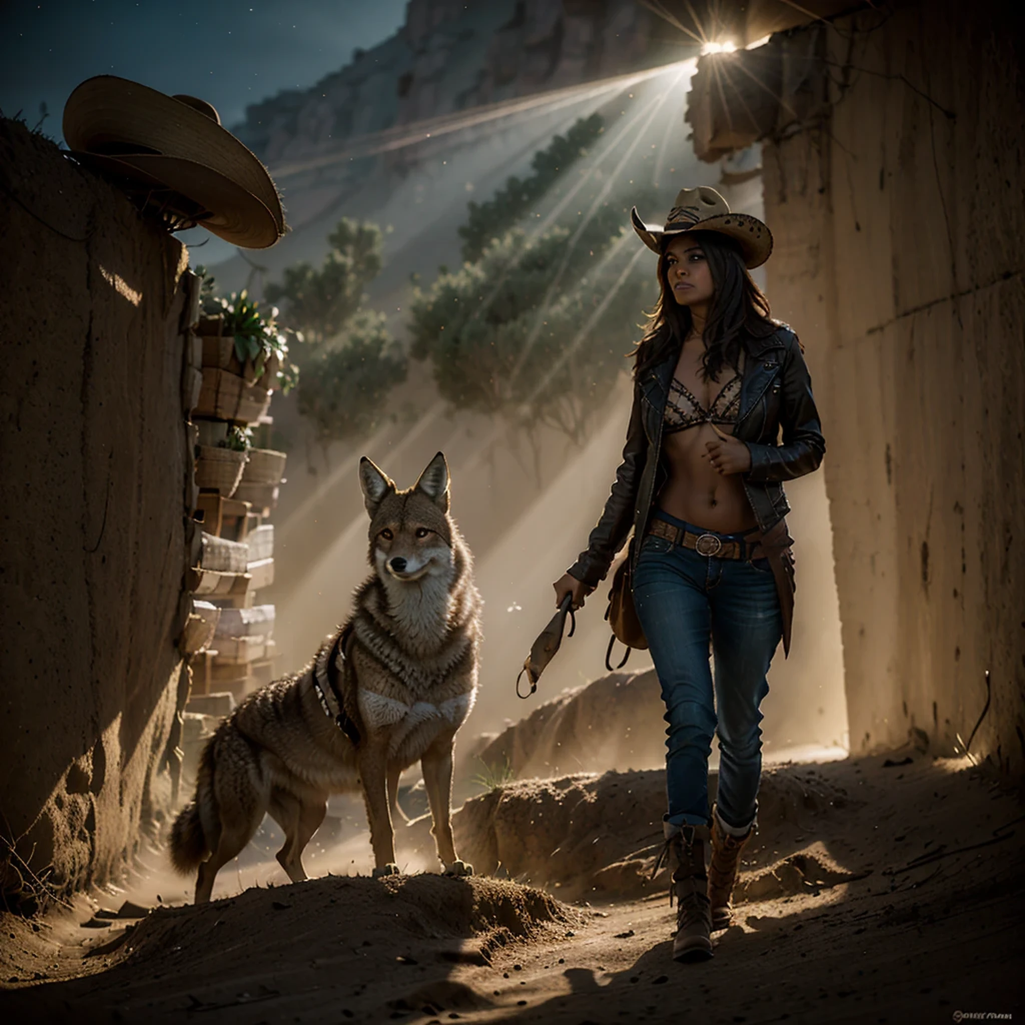 (coyote con sombrero de vaquero), [de espaldas], cabeza de coyote,antro, obra maestra, cinematic light, atmospheric lighting, subsurface dispersion,