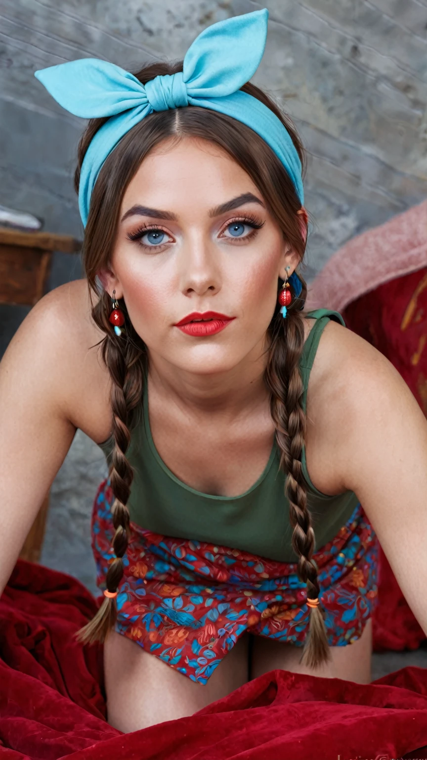 there is a woman with a blue headband and a red blanket, long pigtail, halfbody headshot, inspired by Louisa Matthíasdóttir, very accurate photo, lucio as a woman, pigtails, huge earrings and, hair in pigtails