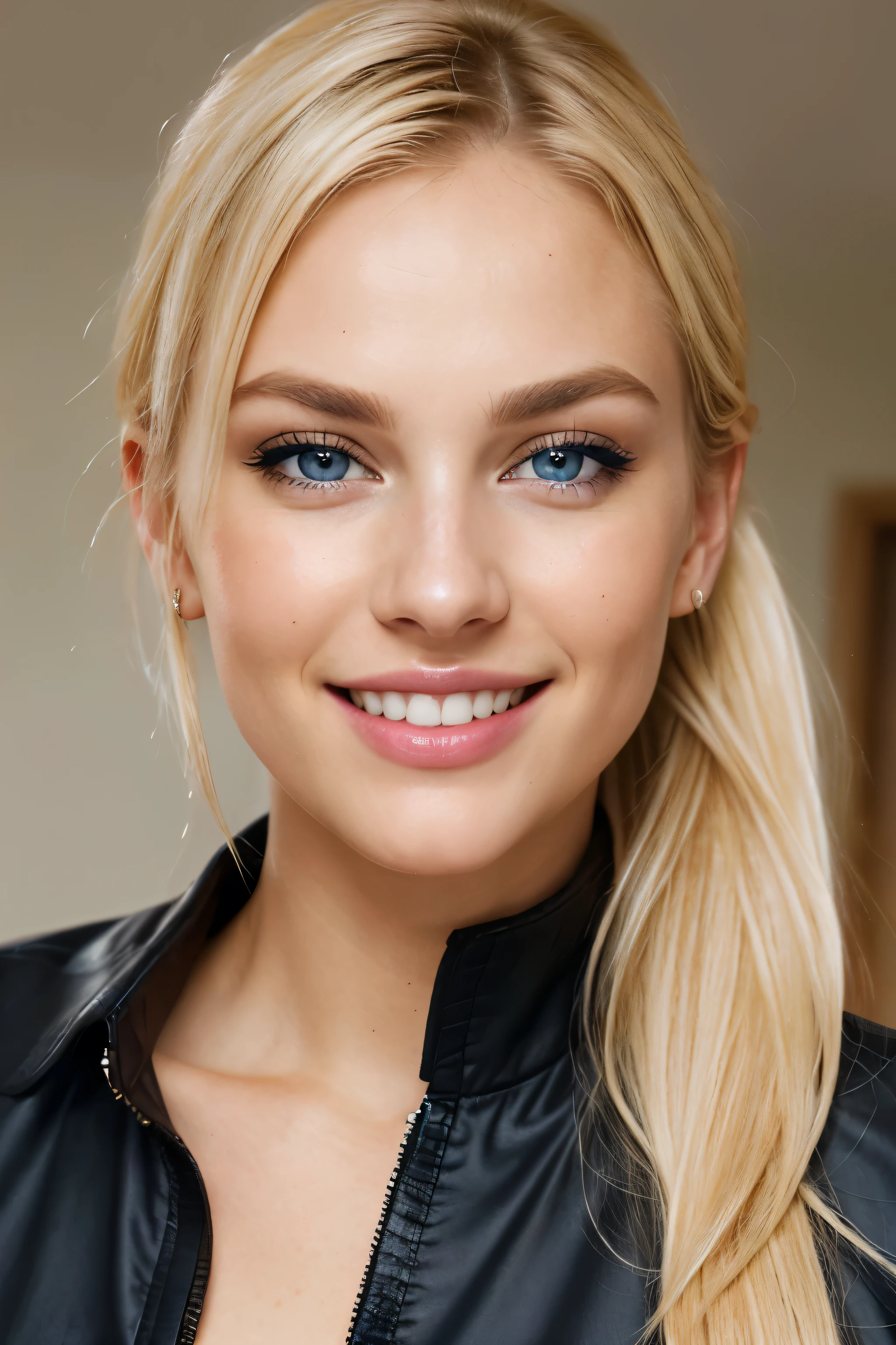 A woman with long blonde hair and blue eyes wearing a black jacket - SeaArt  AI