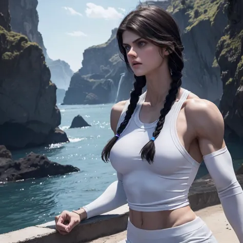 Alexandra Daddario, very fit, shredded abs, veiny arms, Excellent, masterpiece, black hair, blue eyes, white clothes, upper body...