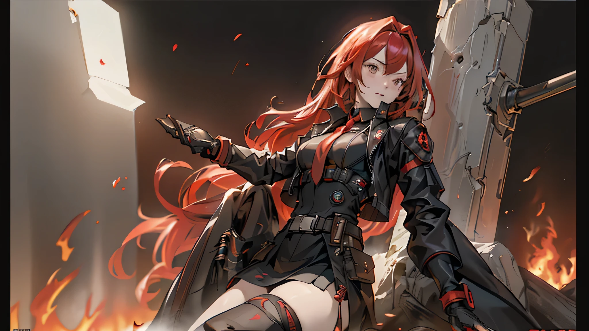 ((Best quality)), ((masterpiece)), (detailed:1.4), 3D, an image of a beautiful cyberpunk female, long burning red hair, burning hair, light brown eyes, red Barret, Black Soldier Shirt, Black under cloth, black panty, Grenade belt, Big chest, Big thigh, High thigh black knee sock, full view of girl, battlefield background, black combat boot, red necktie, black glove, black combat suit, black jacket, black cloak, black panty, ammo belt, HDR (High Dynamic Range),Ray Tracing,NVIDIA RTX,Super-Resolution,Unreal 5,Subsurface scattering,PBR Texturing,Post-processing,Anisotropic Filtering,Depth-of-field,Maximum clarity and sharpness,Multi-layered textures,Albedo and Specular maps,Surface shading,Accurate simulation of light-material interaction,Perfect proportions,Octane Render,Two-tone lighting,Wide aperture,Low ISO,White balance,Rule of thirds,8K RAW,