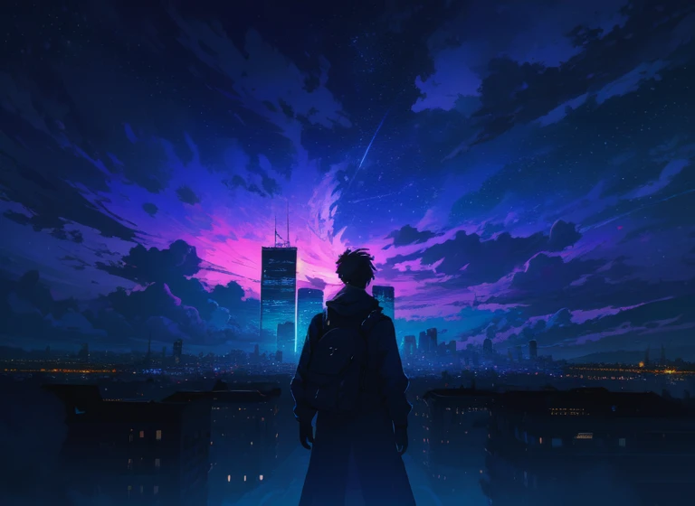 masterpiece, ultra high res, 8k, Volumatic light, a wonderful sky, highquality, , [teal theme:indigo theme: magenta theme:0.5], video game wallpaper, digital cityscape 