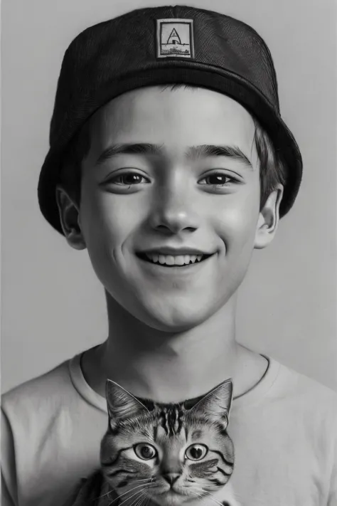 pencil drawing,(masterpiece, best quality, high resolution, absurdres, intricate details:1.3),monochrome,1boy,hat,smile,holding ...