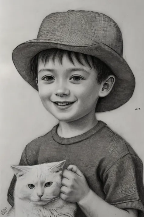 pencil drawing,(masterpiece, best quality, high resolution, absurdres, intricate details:1.3),monochrome,1boy,hat,smile,holding ...