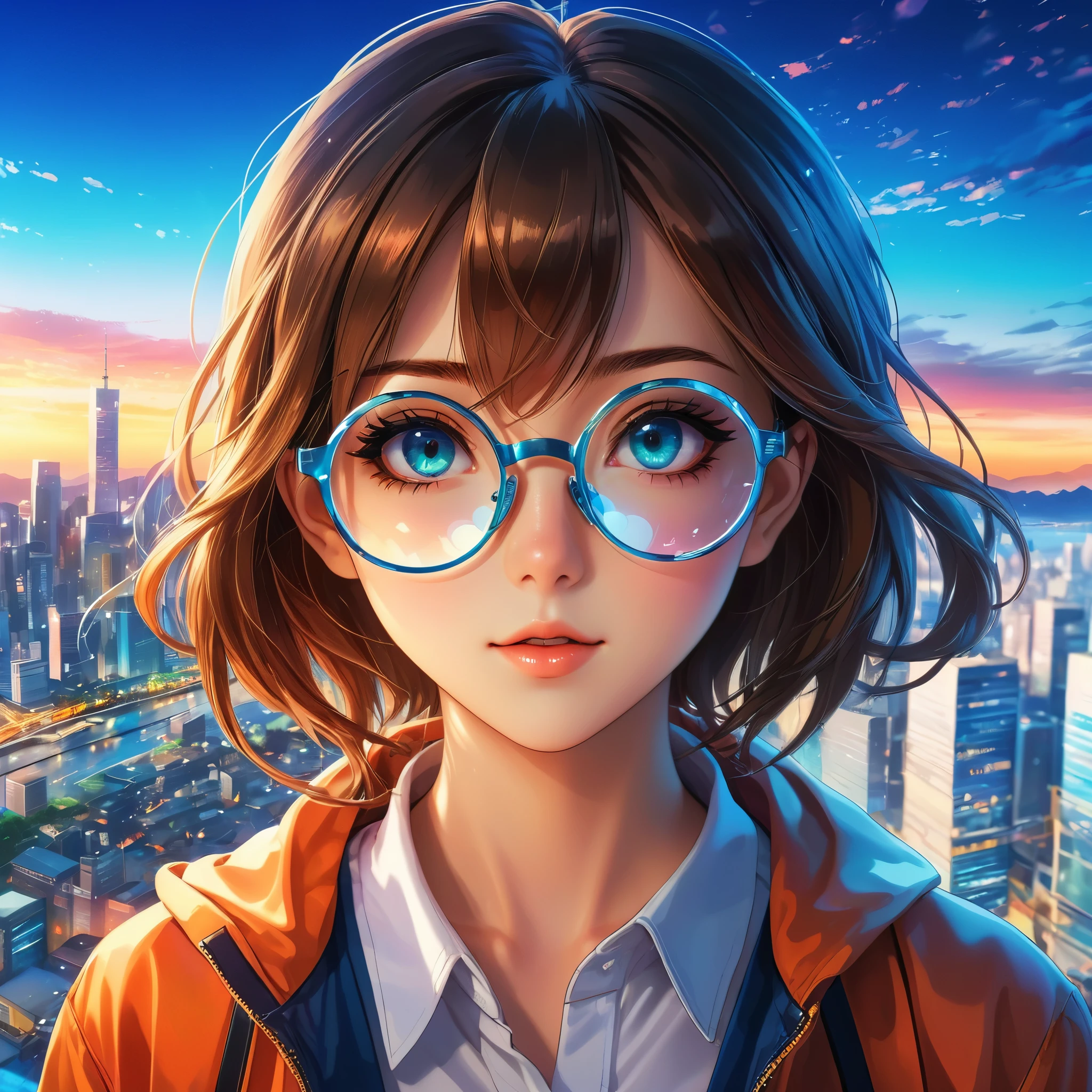 Anime girl wearing round glasses with a city background in the style of anime. A closeup of her eyes and reflection in the glass in the anime art style. A colorful and fantastical realistic image with an anime aesthetic. A high resolution and high quality image featuring an urban skyline and cityscape background with bright lighting.