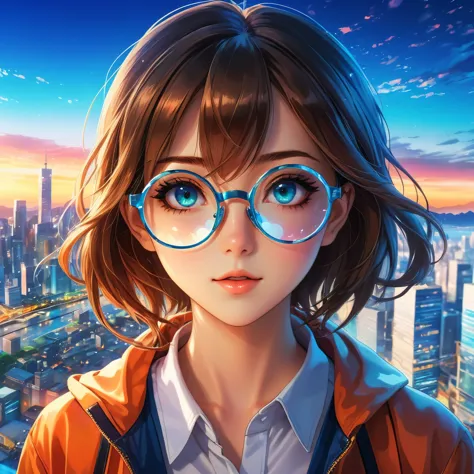 Anime girl wearing round glasses with a city background in the style of anime. A closeup of her eyes and reflection in the glass...