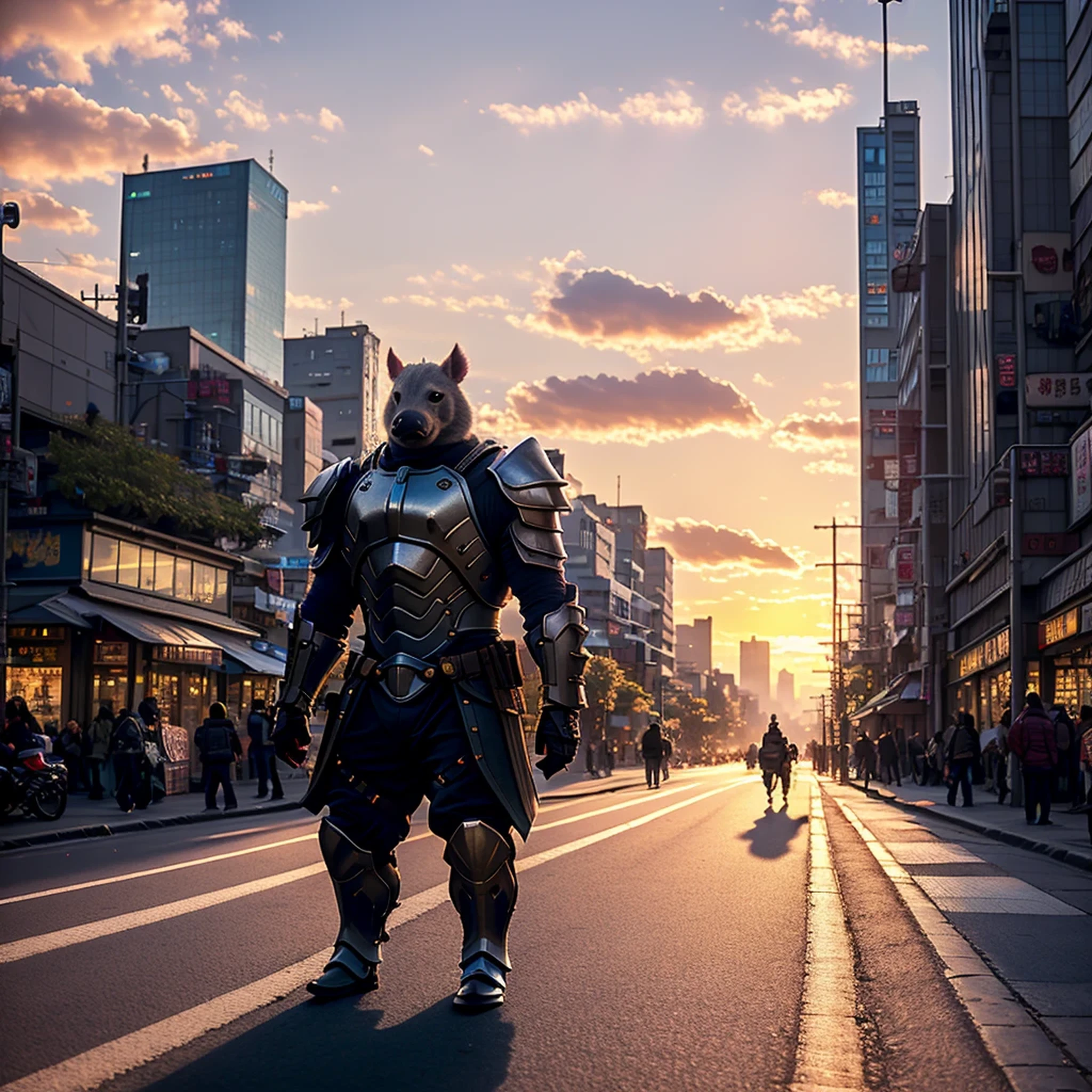 Un cerdito con armadura y un en la calle., puesta de sol en la calle de la ciudad, iluminación de película, filmación de películas AR 9:16-N 6-G, Japonismo 3 D 8 K hyper-detailed, vista de la calle realista, renderizado de octanaje. Autor: Makoto Shinkai, luces realistas de la tarde, Akihiko Yoshida. Motor irreal, estilo animado. 8K