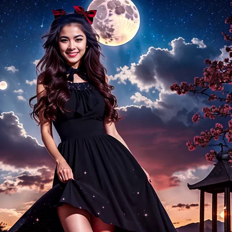 masterpiece, best quality, detailed, 1girl, solo, night sky, outdoors, full moon, stars, clouds, night,,  dark sakura, (black dr...