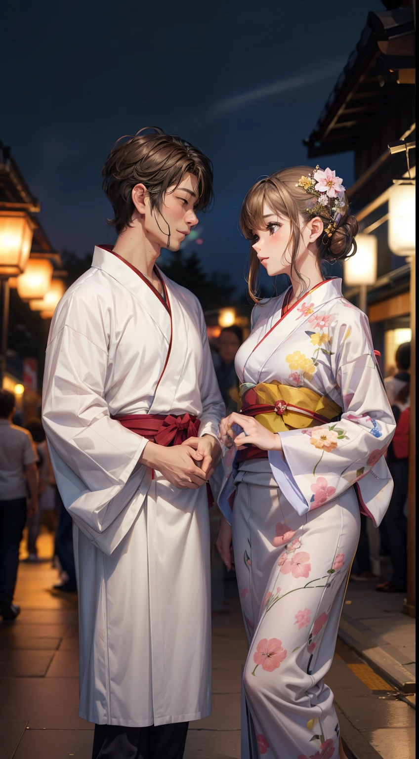 Pareja en una cita en un festival、Hombre guapo y mujer hermosa en yukata.、Segunda Dimensión