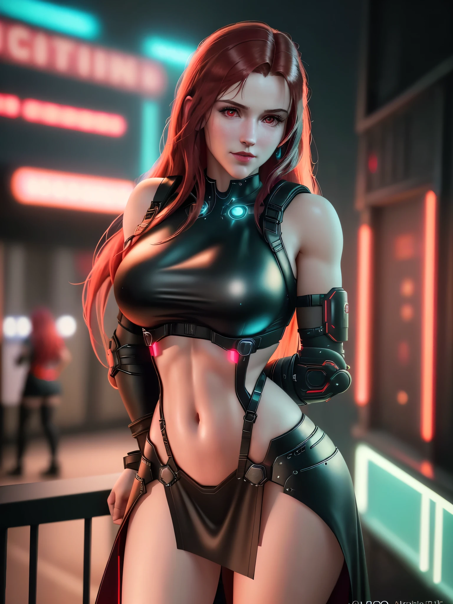 (best quality,8k,highres,masterpiece:1.2),ultra-detailed,(realistic,photorealistic,photo-realistic:1.37),cyberpunk objects,1girl,perfect body,big breast,red hair color ,long hair,beautiful faces,red lips,tide dress,futuristic lighting,cyberpunk style,neon colors, focusing on face features, big butt