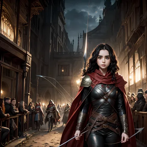 Lily Collins with black curly hair with red hood, medieval clothes, bow and arrow in hand, entering an arena landscape filled wi...