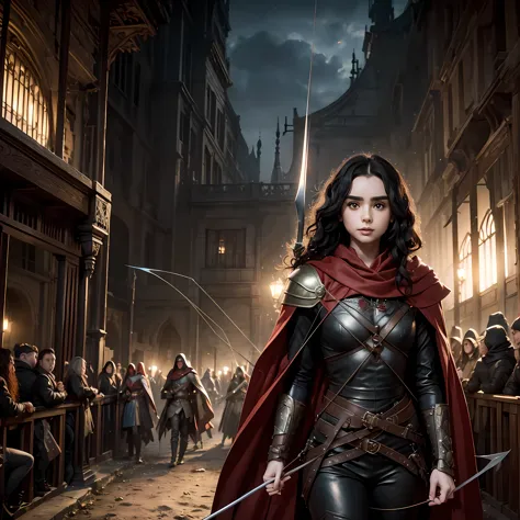 lily collins with black curly hair with red hood, medieval clothes, bow and arrow in hand, entering an arena landscape filled wi...