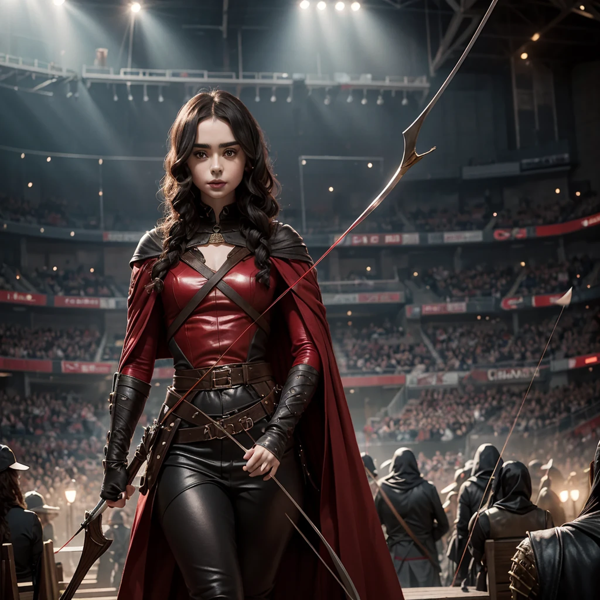 Lily Collins with black curly hair with red hood, medieval clothes, bow and arrow in hand, entering an arena landscape filled with bleachers and audience watching the illustration is detailed, smooth and bright, HD art by Citemer Liu