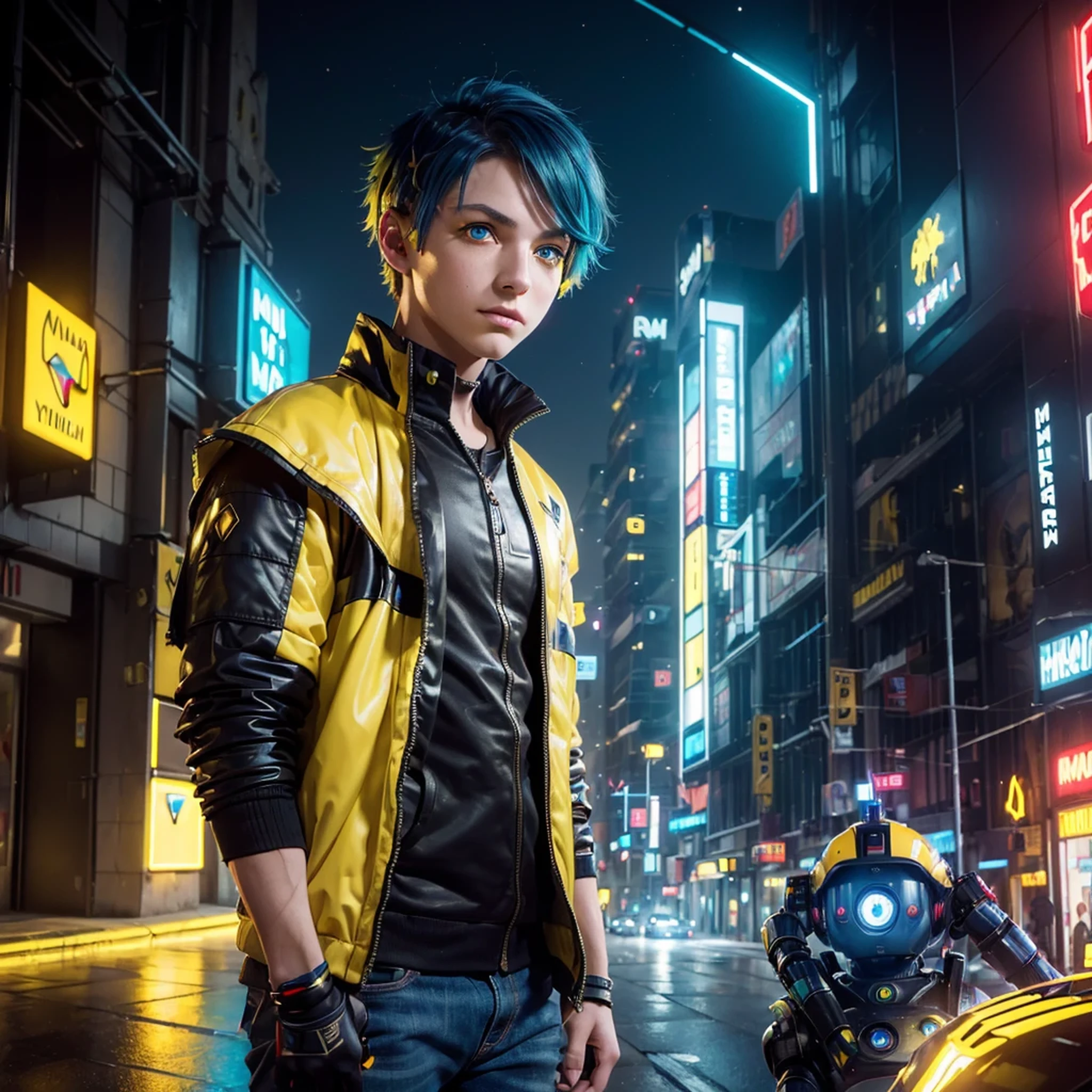 (masterpiece:1.3), (best cinematic quality:1.2), (extremely detailed setting:1), (soft+artistic lighting), (1boy), short blue haired, (eyes+yellow+red:1.4), (multicolored eyes+heterochromia), wearing cyberpunk clothes, futuristic, technological, city scenery with (robots around)0.4], giving dramatic scenery.