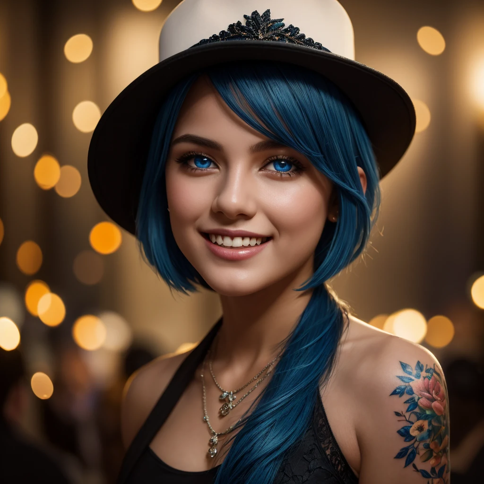 Masterpiece, best quality, high quality, very detailed CG uniform 8k wallpaper, 1girl, solo, blue hair, tattoo, short hair, hat, jewelry, smile, necklace, looking at the audience, hat, realistic, open mouth, teeth, upper body, vest, nose, bare shoulders, artist name, black tiara, collarbone, arm tattoo, blue eyes, lips, blur, oil painting, award winning photography, bokeh, depth of field, HDR, bloom, chromatic aberration, realism, very detailed, artstation Intricate, High Detail, dramatic, art by midjourney