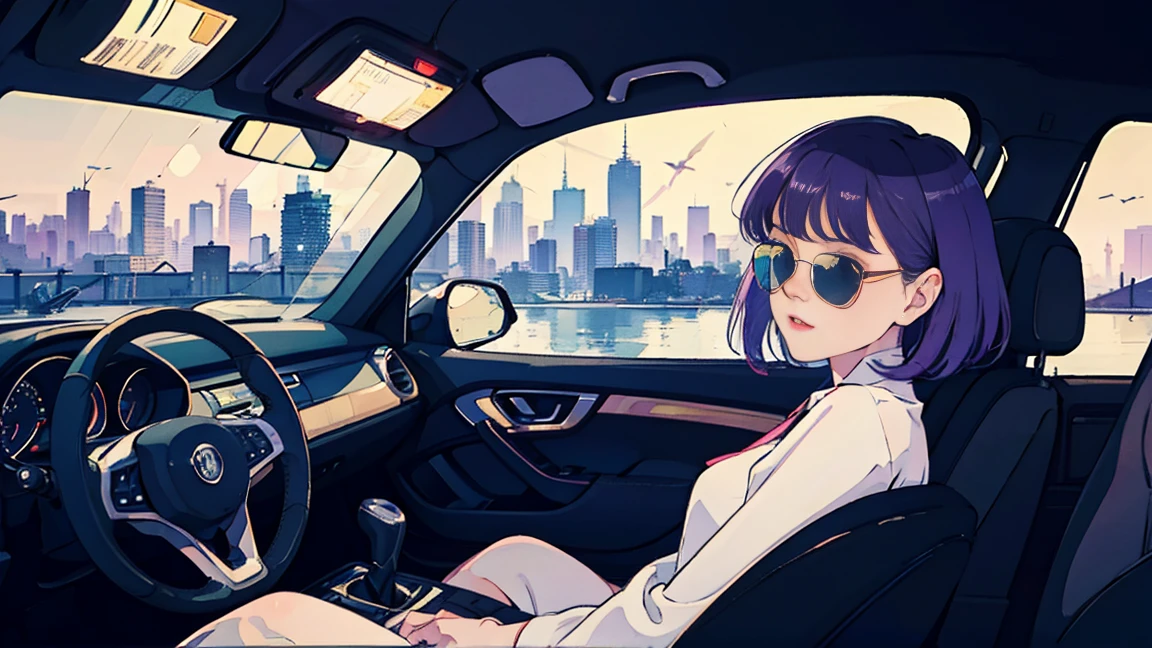 car、Inside the car、driving seat、Beautiful Asian girl with purple hair, View of the city from the window, Perfect Face, sunglasses, No sleeve, Neon Black, (Backlight: 1.1), Hard Shadows, masterpiece, highest quality, Complex, Model shooting style, Vintage, Film Grain, Incomplete details