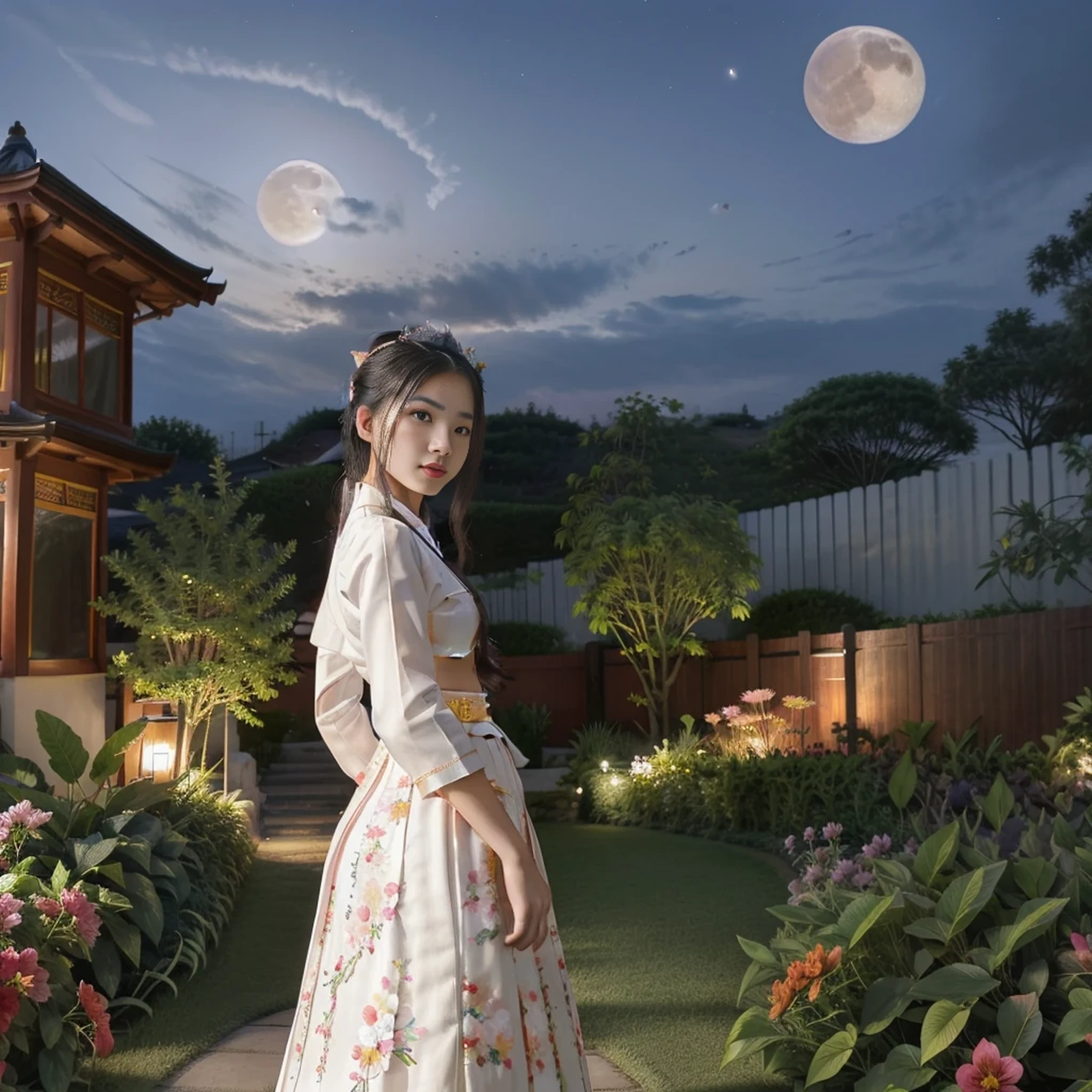 meilleure qualité, haut_résolution, distinct_image, contexte détaillé ,fille, Hanbok,fleur,jardin,lune, nuit,angle hollandais, plan large, couronne,