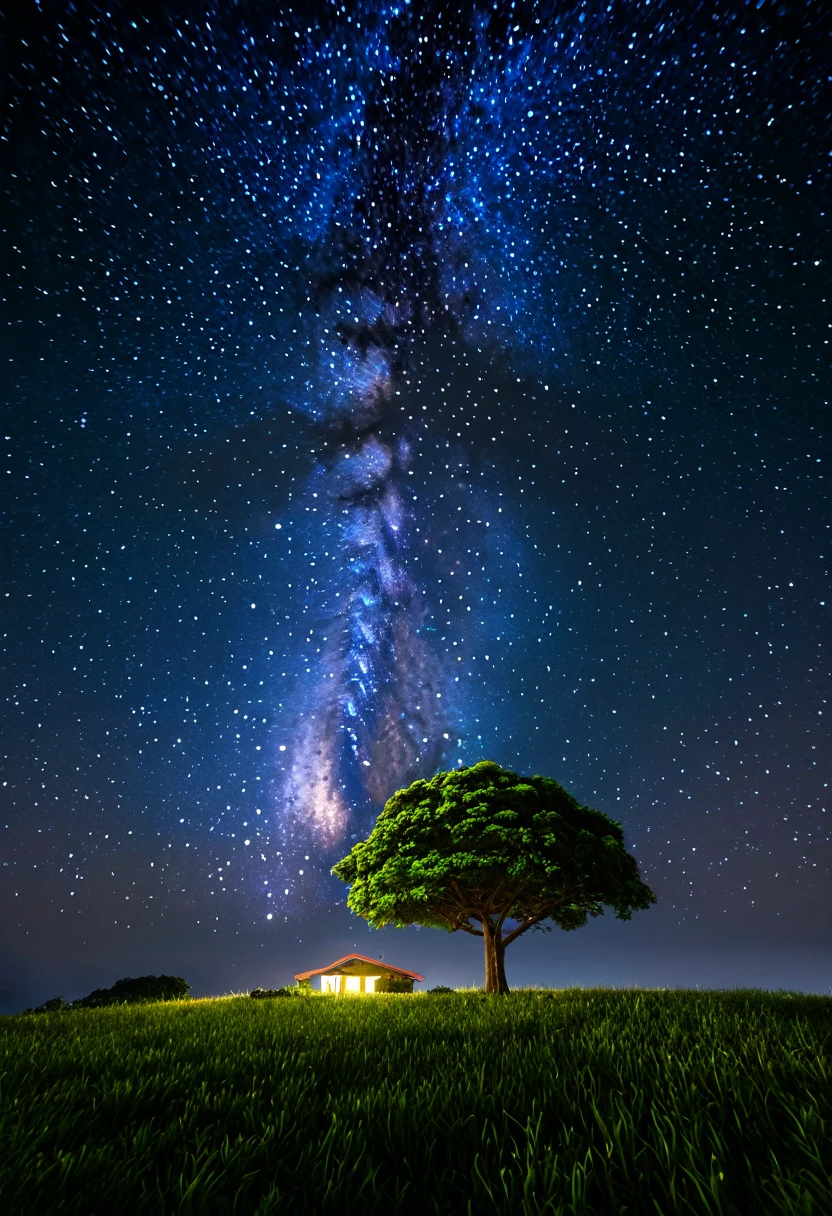 octanos, sky, star (sky), scenario, starry sky, noite, 1 garota, noite sky, Sozinho, ao ar livre, building, nuvem, Milky Way, sentado, tree, Cabelo longo, cidade, silhueta, cidadescape  