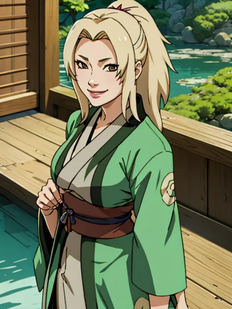 tsunade, kimono, smiling, japanese garden