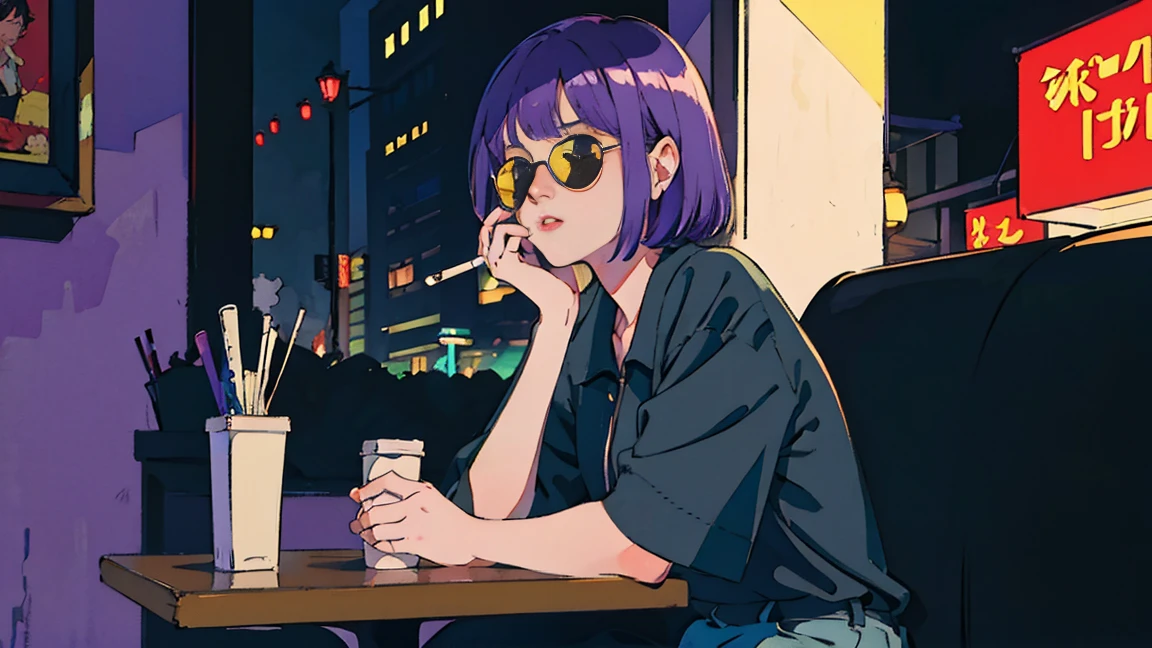 Beautiful Asian girl with purple hair sitting in a restaurant at night, Visible from the window, Perfect Face, sunglasses, Smoking white Taylormade cigarettes, Neon Black, (Backlight: 1.1), Hard Shadows, masterpiece, highest quality, Complex, Model shooting style, Vintage, Film Grain, Incomplete details