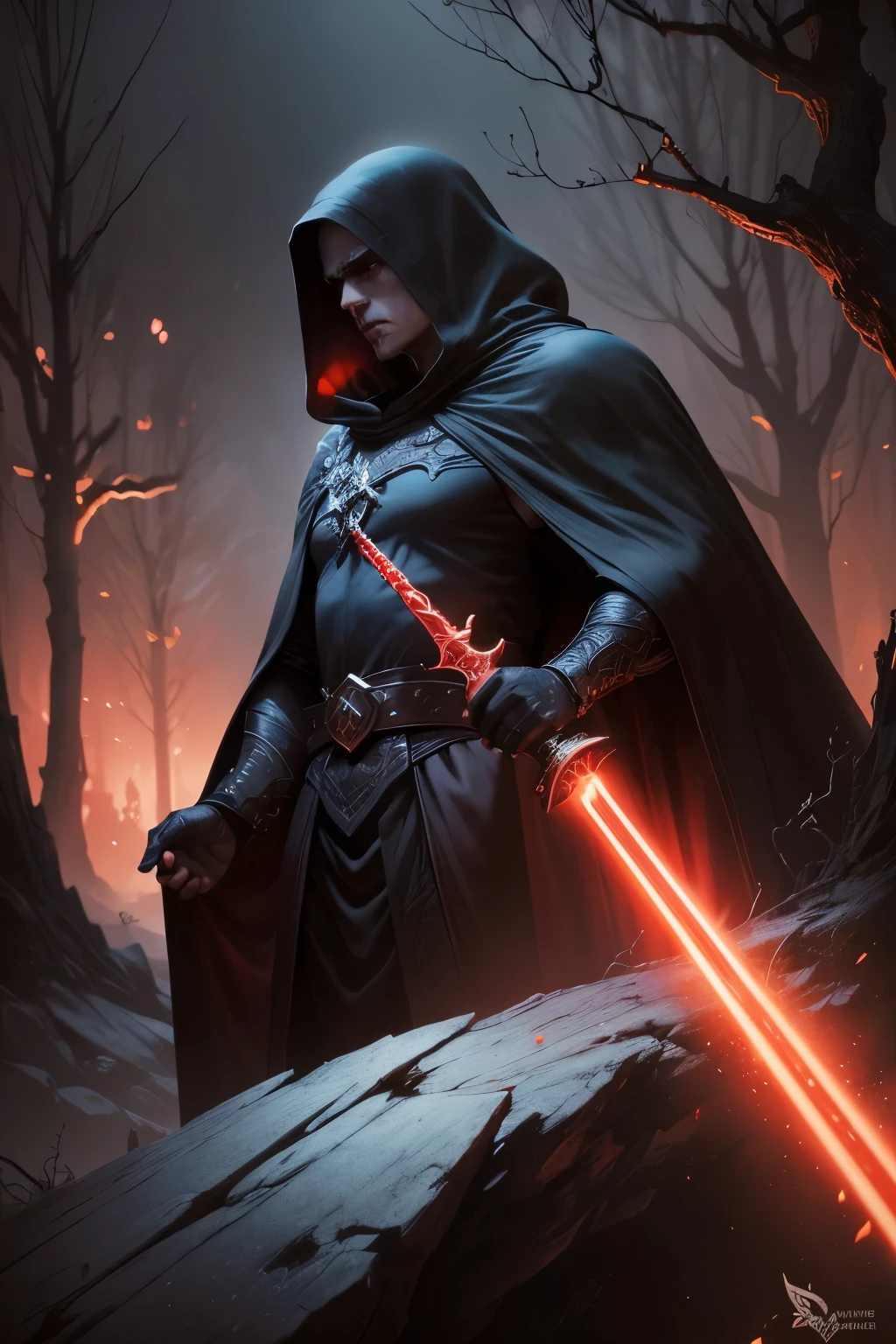 a man in a cloak sosteniendo un sable de luz rojo, in a dark black and rojo forest, Hold the saber in the forest, sable resplandeciente (rojo),dark fantasy style art, dark fantasy artwork, 8K fantasy art, dark fantasy style, 4K fantasy art, HD epic fantasy art style, dark fantasy art, dark fantasy concept art, Epic fantasy in digital art style., in style of dark fantasy art, sable resplandeciente in hand