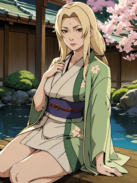 Tsunade, blonde, flowery kimono, cloak, japanese garden