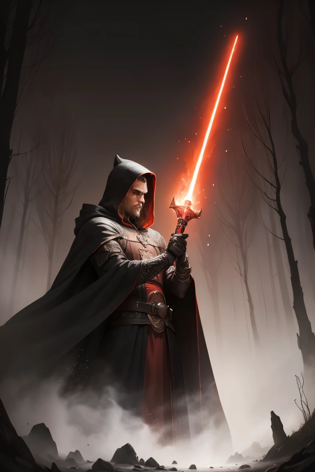 a man in a cloak sosteniendo un sable de luz rouge, in a dark black and rouge forest, Tenez un sabre laser dans la forêt, sabre laser lumineux (rouge),style fantastique sombre art, art fantastique sombrework, Art fantastique 8k, style fantastique sombre, Art fantastique 4k, Style d&#39;art fantastique épique HD, art fantastique sombre, art conceptuel de dark fantasy, Fantaisie épique dans le style de l&#39;art numérique., in style of art fantastique sombre, sabre étincelant en main