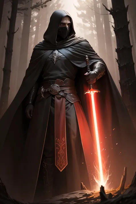 a man in a cloak sosteniendo un sable de luz rojo, in a dark black and rojo forest, Hold a lightsaber in the forest, sable laser...