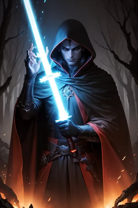 a man in a cloak sosteniendo un sable de luz rojo, in a dark black and rojo forest, Hold a lightsaber in the forest, sable laser...