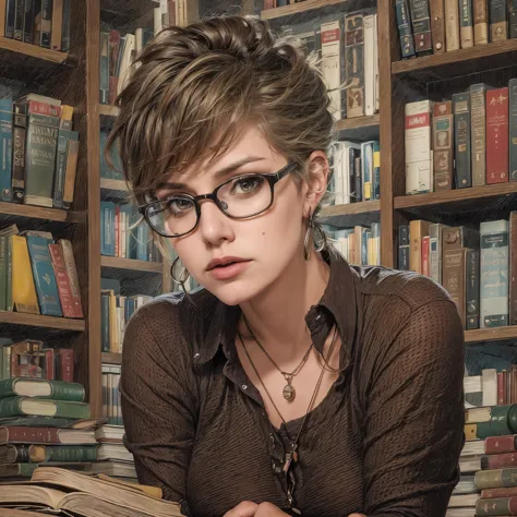 punk librarian wearing glasses and a dark shirt, studs and nose ring, earrings, short brown hair with colored highlights, booksh...