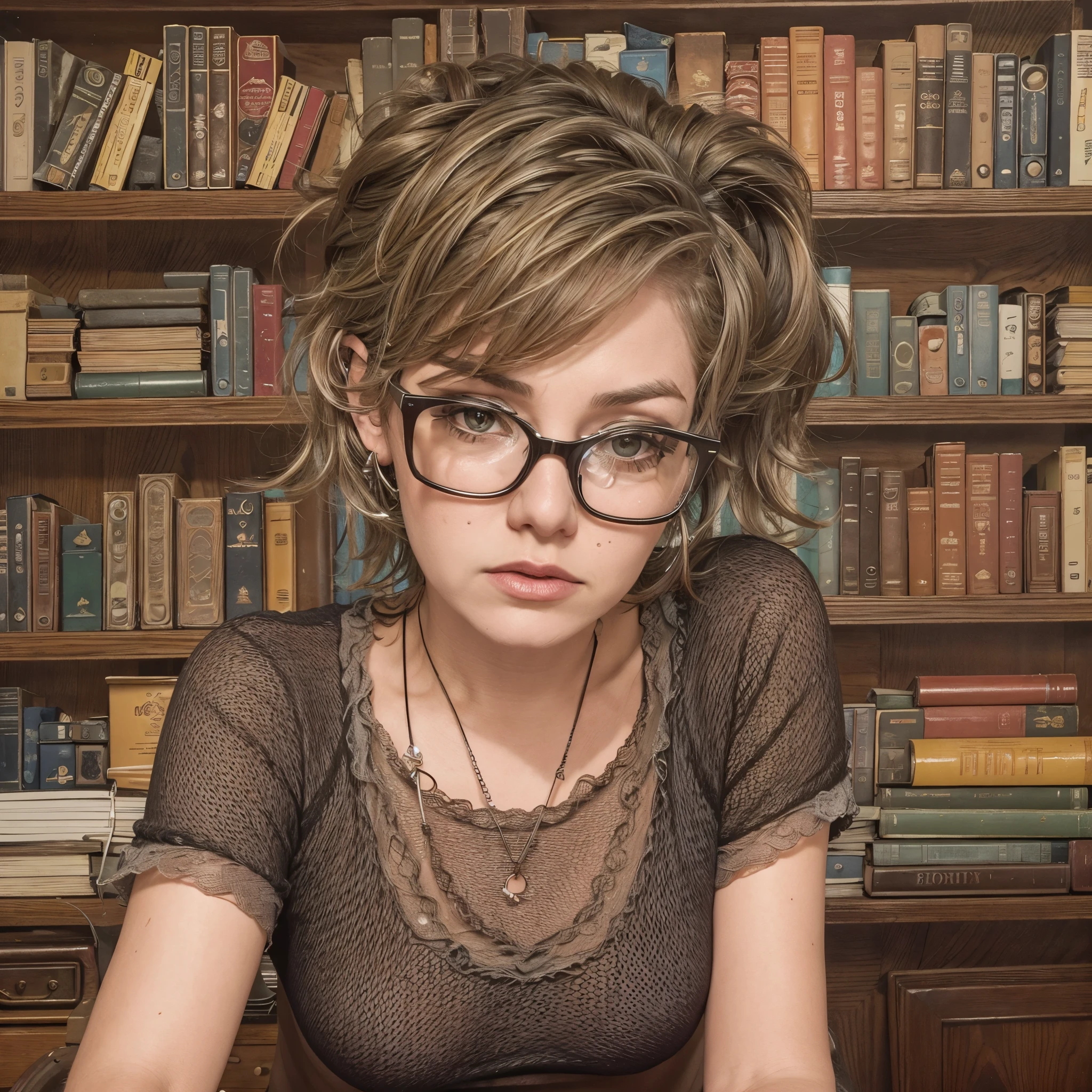 punk librarian wearing glasses and a dark shirt, studs and nose ring, earrings, short brown hair with colored highlights, bookshelves and desks in background, detailed face, high quality, high resolution, liz.ashley