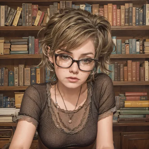 punk librarian wearing glasses and a dark shirt, studs and nose ring, earrings, short brown hair with colored highlights, booksh...