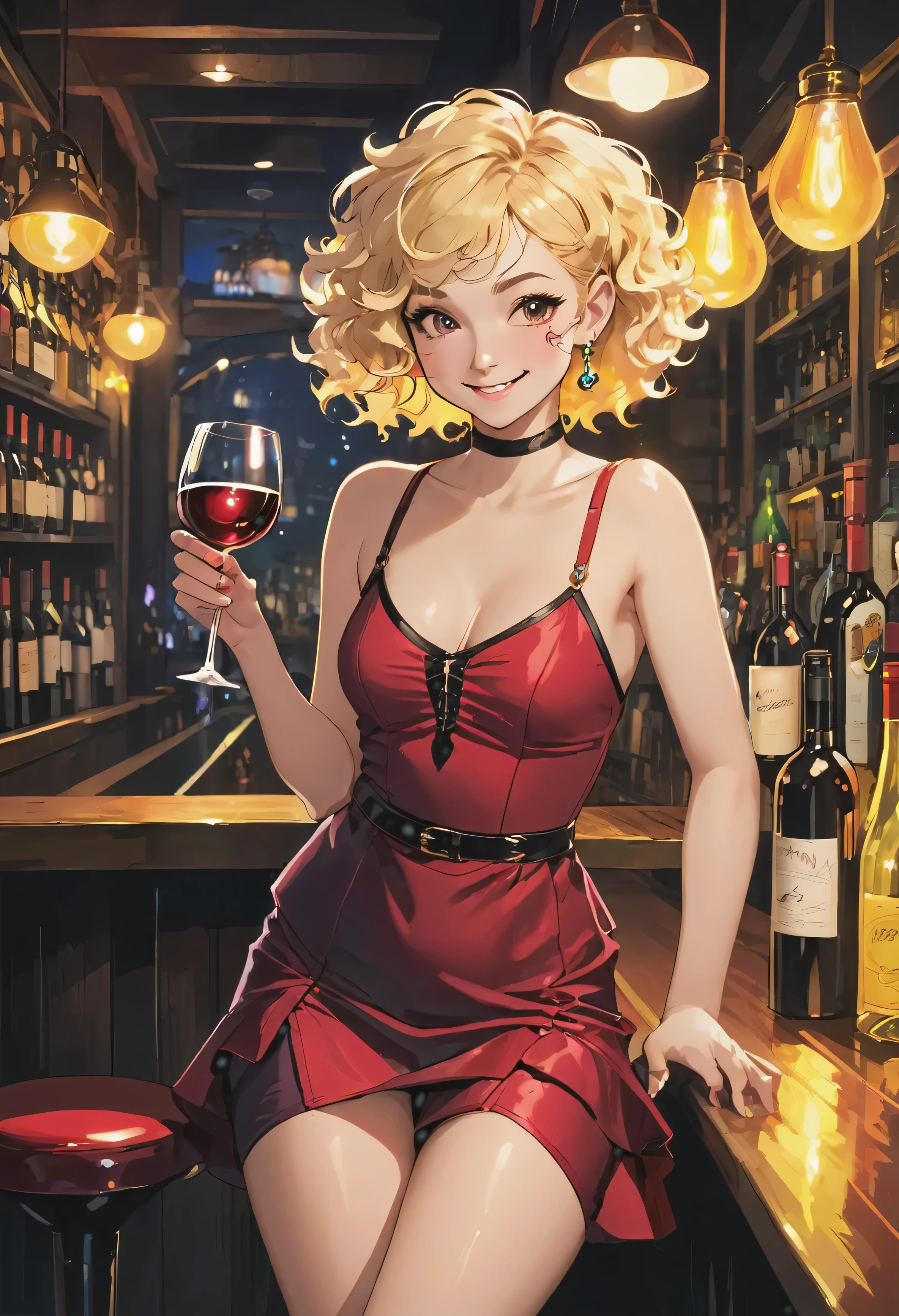 Woman 20 years old red very short tight-fitting dress , beautiful blonde short curly hair, holding a glass of wine, looks a little to the side, smiling, Behind is darkness and a bar counter in a pirate urban style, lighting with colorful bulbs, a man is sitting in the distance to the left