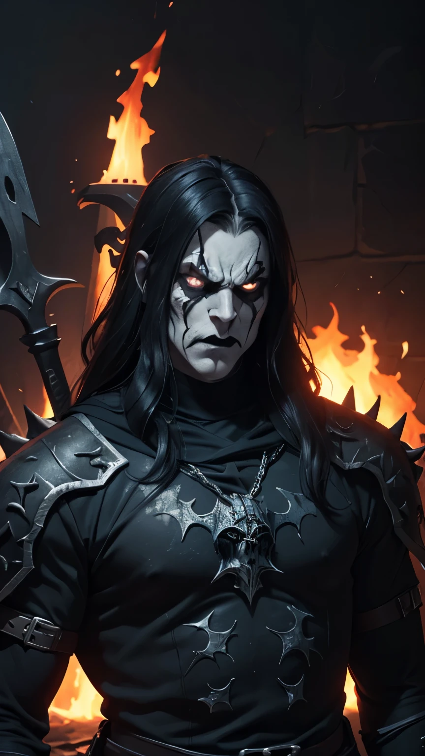 (masterpiece, best quality:1.2), (((1man, male))) , solo, highres, best quality, Half body shot of a strong Man, pale white skin angry man with (((black metal corpsy paint))), ((Angry face)) , heavy White and Black face paint, wearing a black and silver armor, spike, in a gothic cemitery, at night, horror movie. high details, super detail, textured skin, masterpiece, UHD, 4K, 8k. ((Cinematic lighting)). Church on fire background 