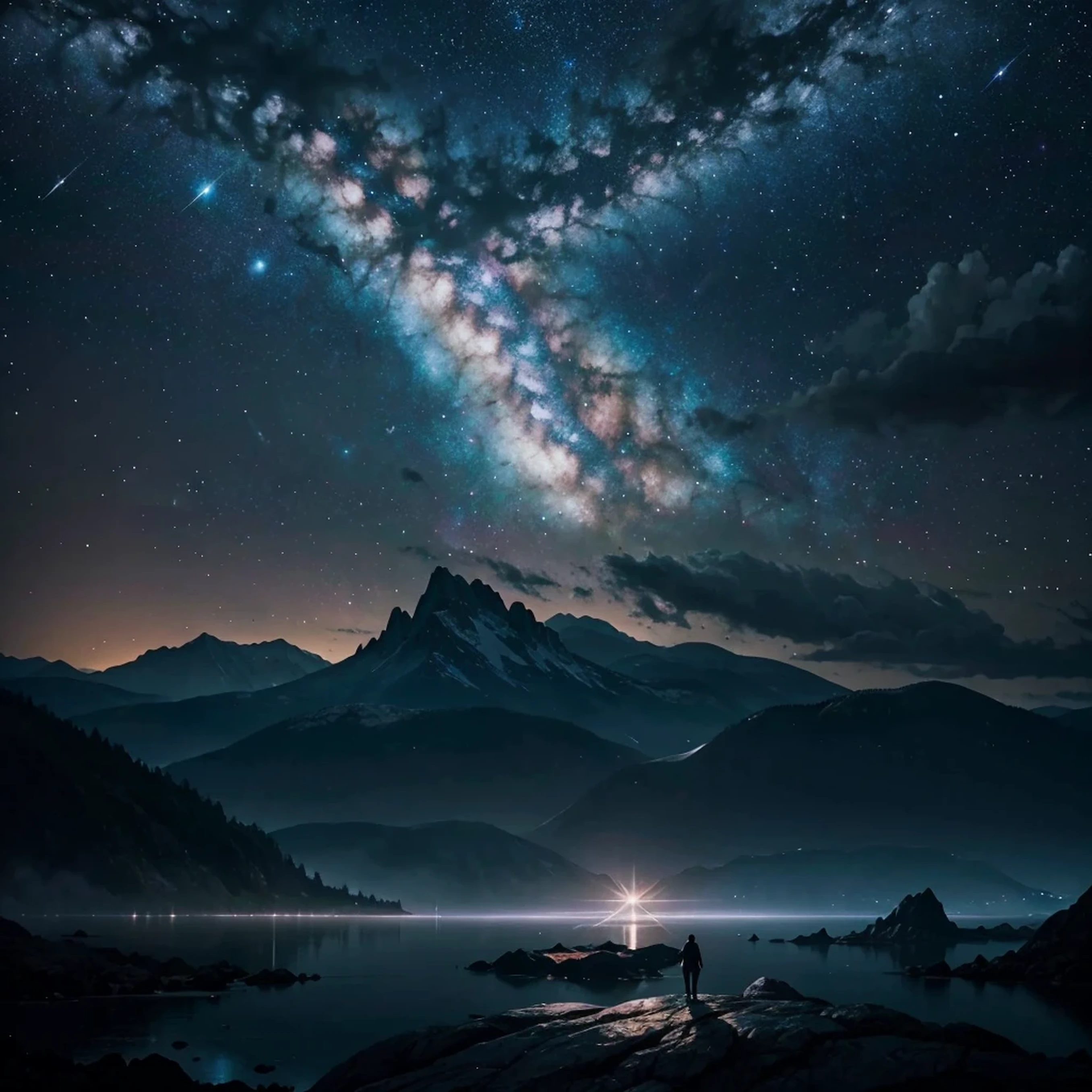 Starry Sky with Mountains and Lake, Jessica Rossier, Inspired by Jessica Rossier, Jessica Rossier Fantasy Art, Concept Art Magic Highlights, Official Artwork, Dream Painting, Ethereal Realm, Atmospheric artwork, dreamy matte paintings, serene endless stars inspired by Ted Nasmith, moonlit starry environments, epic music album covers.