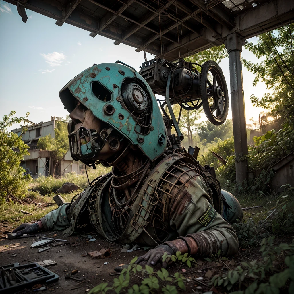 (pilotage:0.9), (best quality,4k,8k), (realistic,photorealistic:1.37), (colorful, vibrant), (dystopian, post-apocalyptic), (twilight, evening), abandoned mech, ruins, overgrown vegetation, rusted metal, broken chains, shattered glass, eerie atmosphere, dramatic lighting, mysterious shadows.