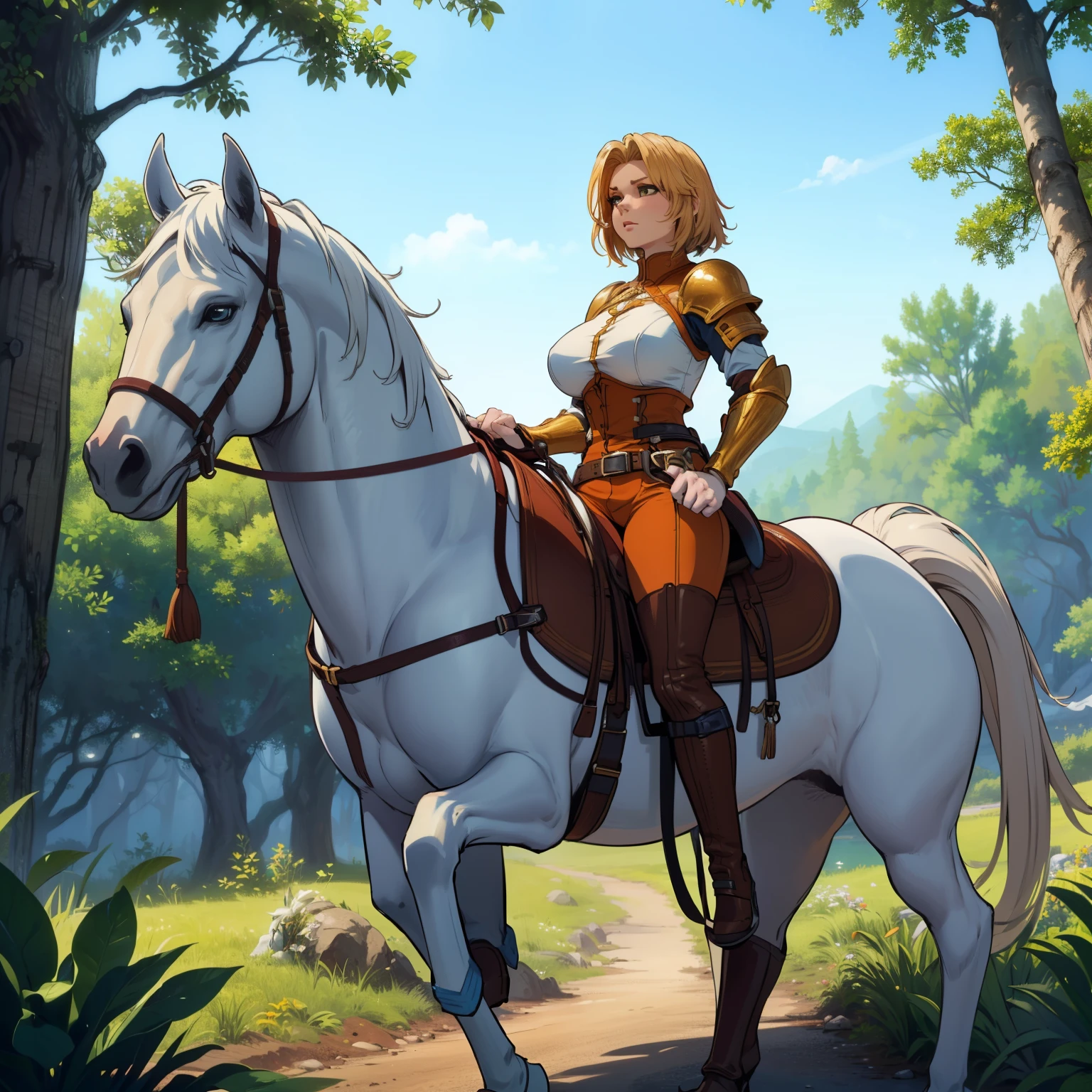 ((beste Qualität)), ((Anime-Meisterwerk)), (ausführlich), filmische Beleuchtung, lebendige Farbe, 8k, perfektes Gesicht, Große Brust, a female knight riding a walking weißes Pferd in the woods+, (blaue Rüstung, orangefarbene Shorts, Lederstiefel), (weißes Pferd, Sattel, Steigbügel, reins: 1.5)++, Wald, Landschaft, Von der Seite: 1.5, anatomisch korrekt,