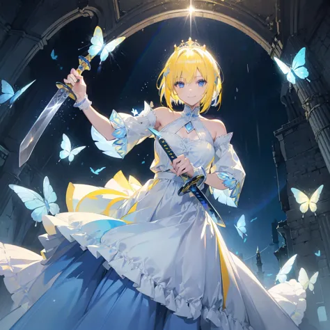 ((Yellow Hair　Short Bob　blue eyes　Blue and white dress))　((King Arthur　Big Sword　Pull out the sword　smile　rainbow　white butterfl...