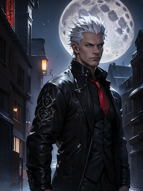 male, white hair combed back, blue eyes, black leather jacket, black shirt, red tie, red vest, detailed eye. city at night backg...